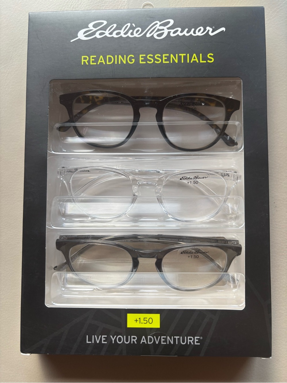 Eddie Bauer Three-Pair Reading Glasses Set - Black, Clear, Tortoise